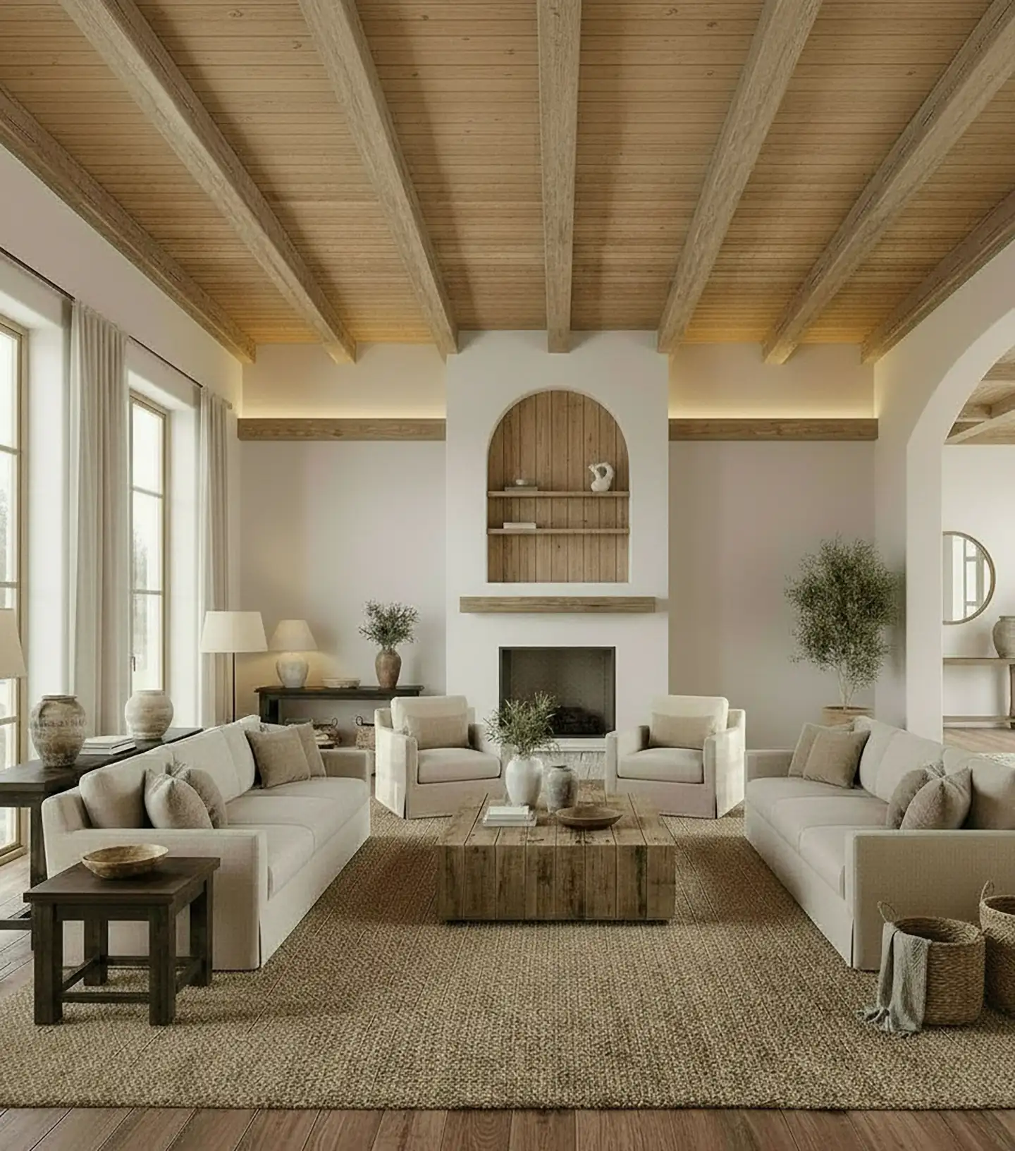 3D rendering of a spacious living room with a wood-paneled fireplace alcove, exposed beam ceiling, and neutral-toned furnishings
