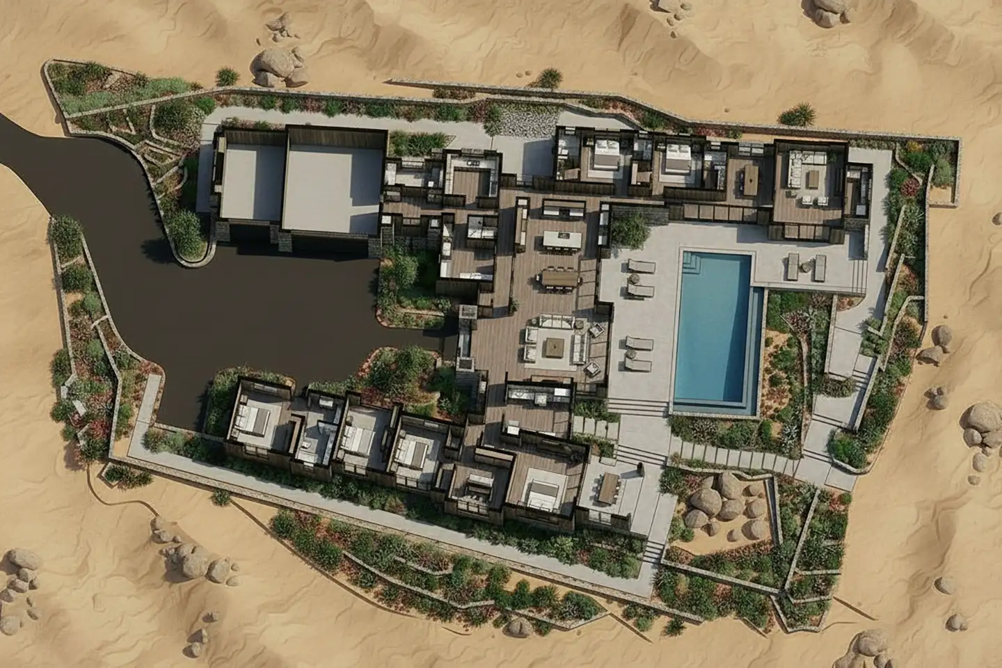 Aerial 3D site plan rendering of a luxury desert estate featuring a pool, landscaped courtyards, and multiple living pavilions