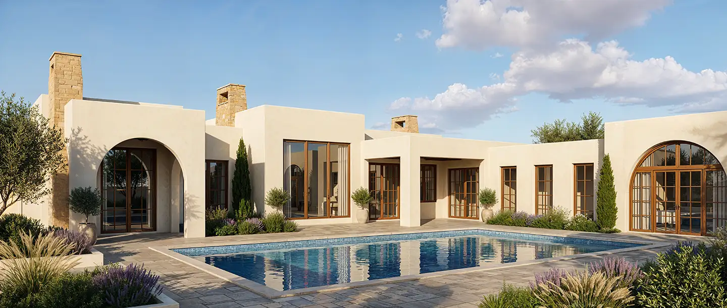 3D rendering of a luxury Mediterranean estate with a central courtyard, lavender landscaping, and a rectangular pool