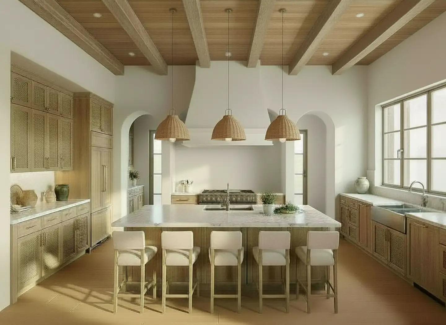 3D rendering of a luxury kitchen with exposed wood beam ceiling, large marble island with bar seating, and woven pendant lights