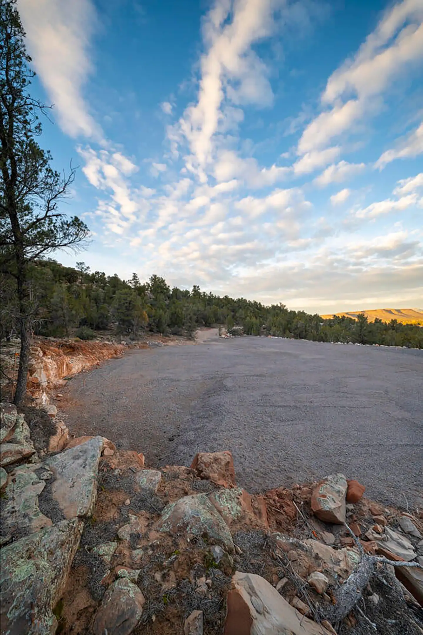 Vertical view of a cleared homesite from rocky ground, with pines on the left and evening clouds streaking the sky.