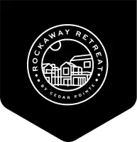 Circular "Rockaway Retreat by Cedar Pointe" badge with cottage illustration on black pennant background.