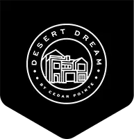 Circular "Desert Dream by Cedar Pointe" logo with house illustration on black pennant-shaped background.