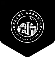 Circular "Desert Sapphire by Cedar Pointe" badge with home illustration on black pennant background.