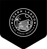 Circular "Modern Lagoon by Cedar Pointe" badge with home illustration on black pennant background.