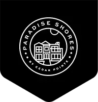 Circular "Paradise Shores by Cedar Pointe" badge with home illustration on black pennant background.