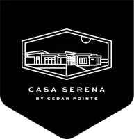 Hexagonal "Casa Serena by Cedar Pointe" badge with line-art house illustration on black pennant background.