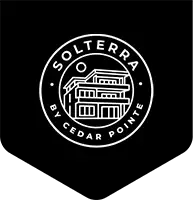 Circular "Solterra by Cedar Pointe" badge with home illustration on black pennant-shaped background.