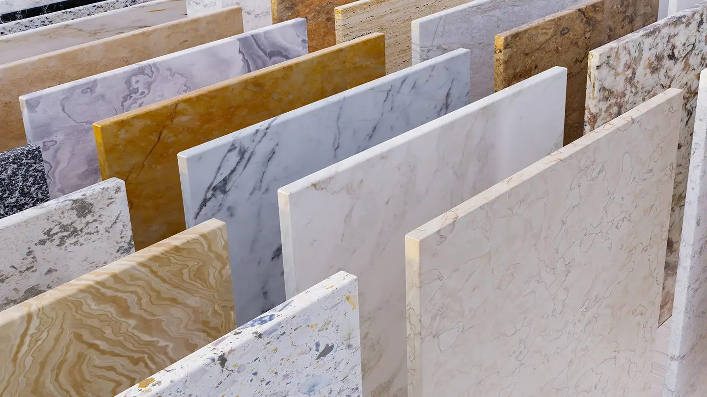 Rows of natural stone and marble slabs displayed upright as countertop material samples.