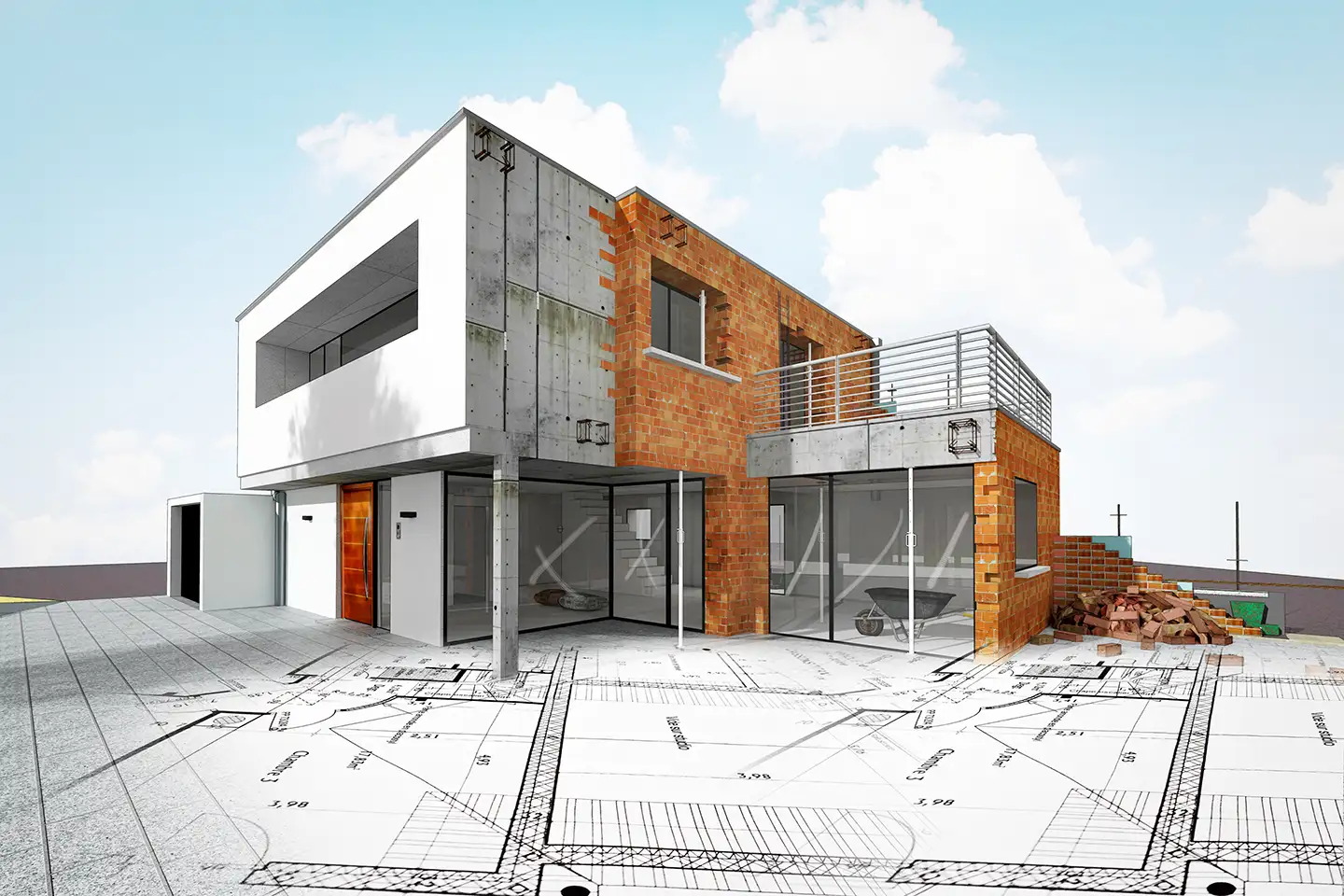 3D rendering of a modern concrete and brick home under construction set on top of architectural blueprints.
