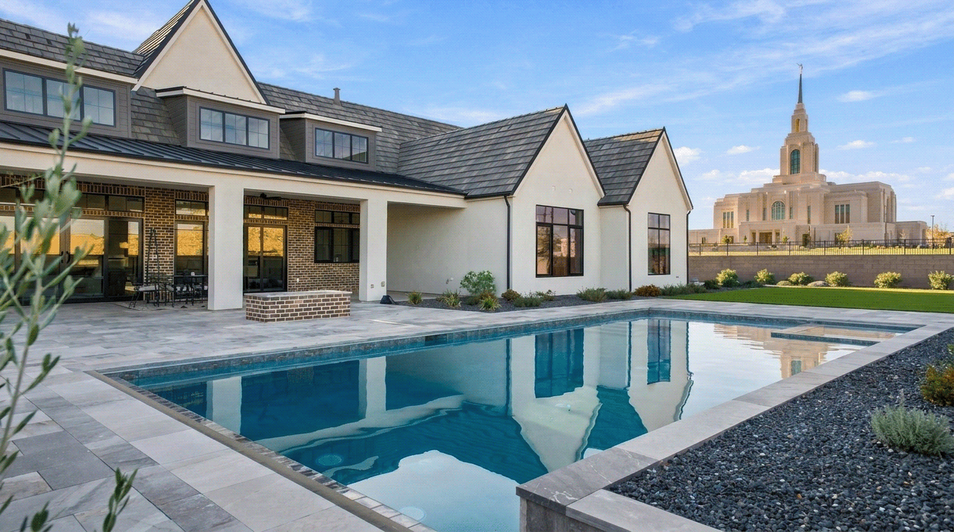 Summit View home featuring backyard pool and the Red Cliffs temple 