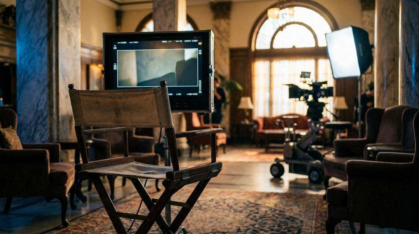 Film production monitor and camera rig set up in a luxury hotel lobby, representing how to choose a video production company for your hotel
