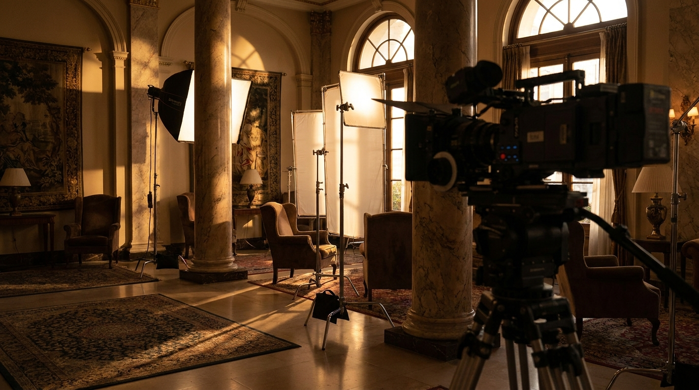 Multi-purpose video production shoot setup in a hotel lobby