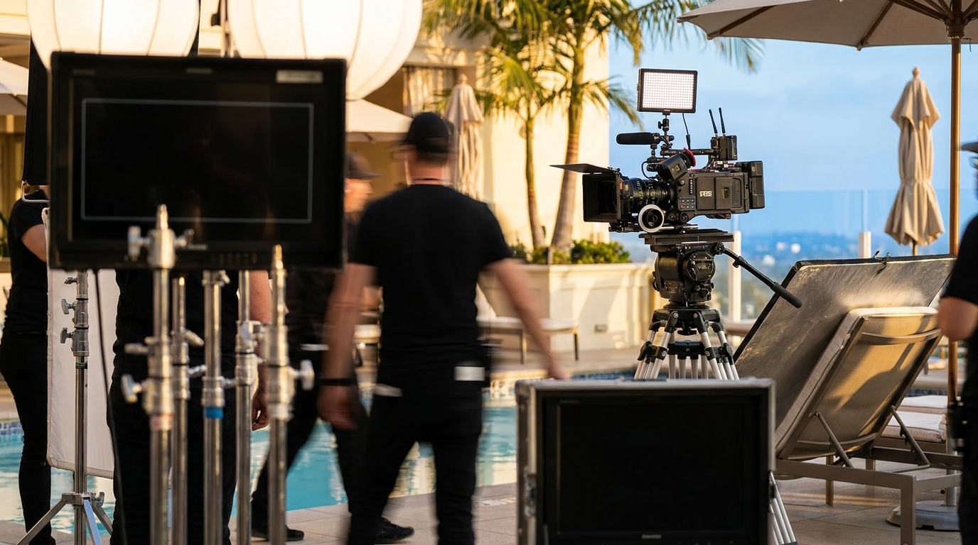 Hotel video shoot behind the scenes at golden hour in Los Angeles