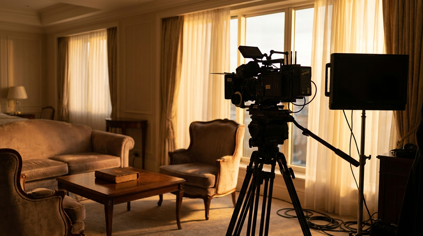 Cinematic hotel suite lit in golden hour light, an example of the mood the best hotel brand film examples of 2025 rely on