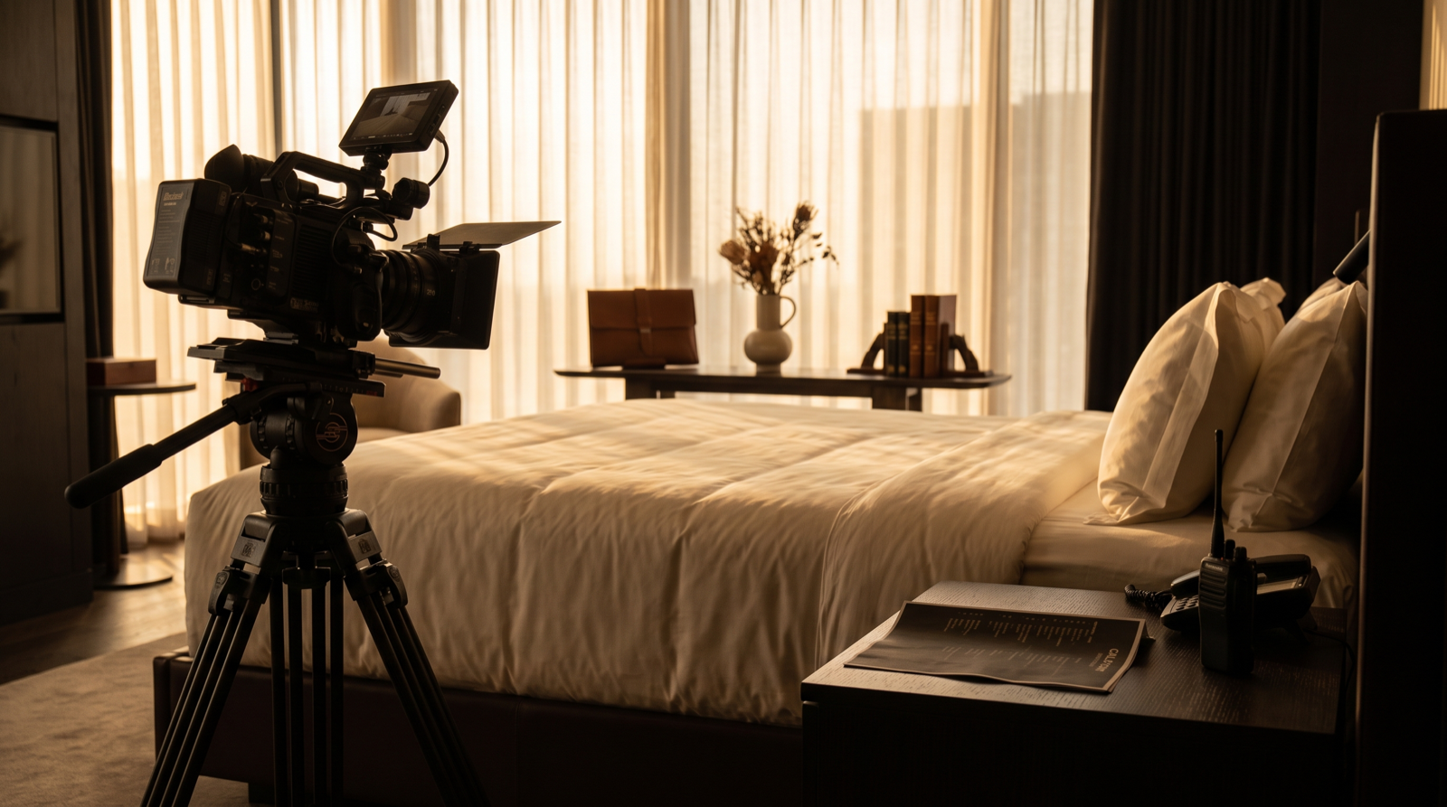 Camera crew equipment staged in a luxury hotel suite before a video shoot