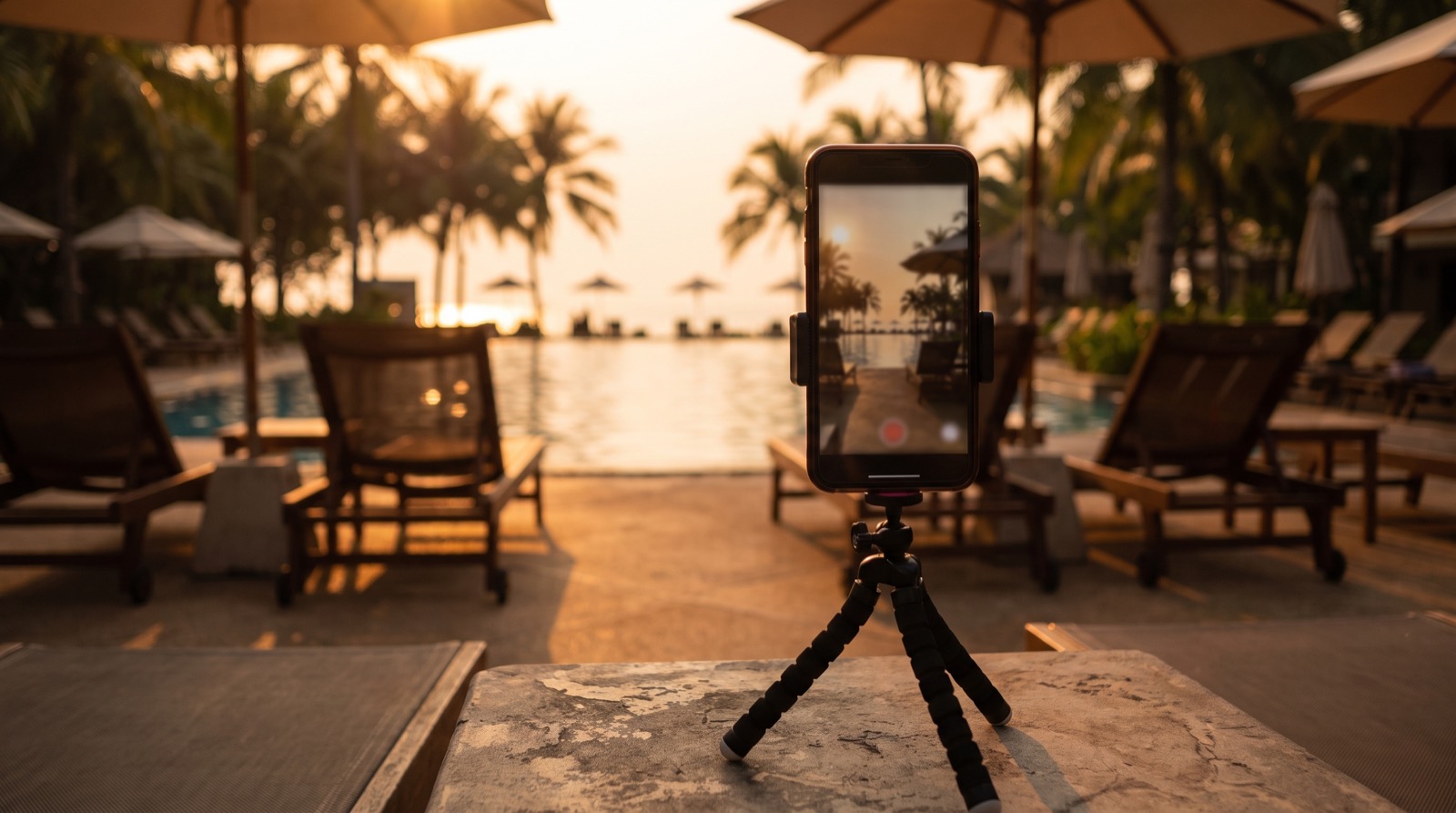 Smartphone filming a hotel poolside scene at golden hour for a hotel Instagram reels strategy