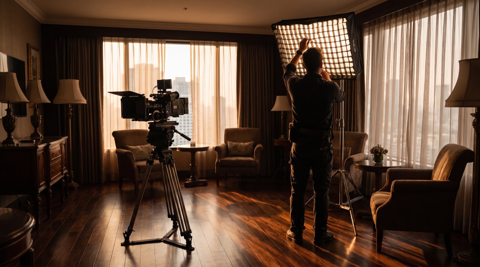 Cinematographer setting up a softbox light beside a camera on a tripod in a hotel suite at golden hour, illustrating cinematic hotel video vs cheap videography