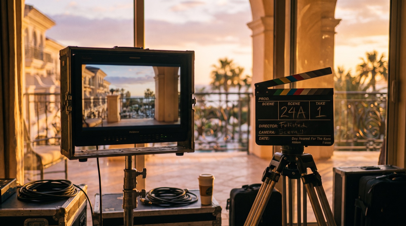 Director's monitor and clapperboard framing a golden-hour luxury hotel suite balcony, illustrating how long a hotel brand film should be
