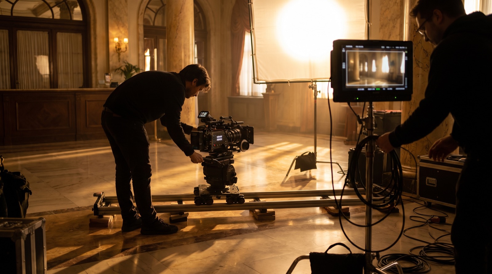 Film crew setting up cinematic lighting during hotel video production in a Los Angeles hotel lobby