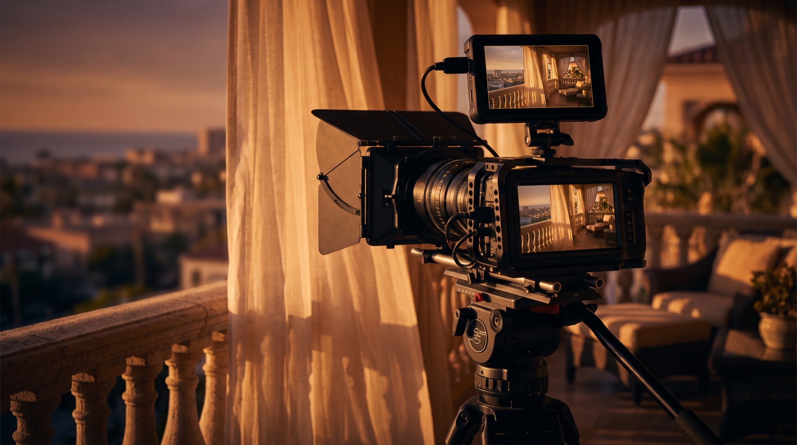 What is a brand film - cinema camera framing a golden hour hotel suite shot