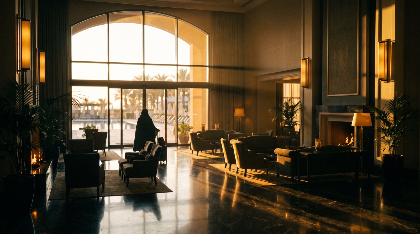 Golden hour luxury hotel lobby representing cinematic video that drives hotel direct bookings
