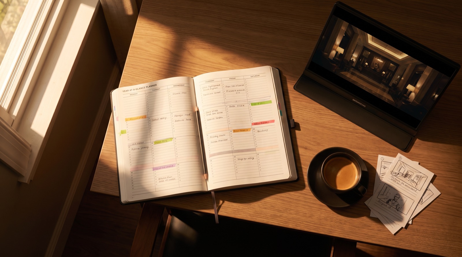 Hotel content calendar planning desk with a year-at-a-glance calendar and storyboard cards