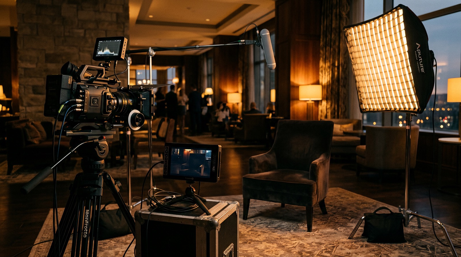 Behind-the-scenes interview video production setup with camera and warm lighting in a hotel lounge