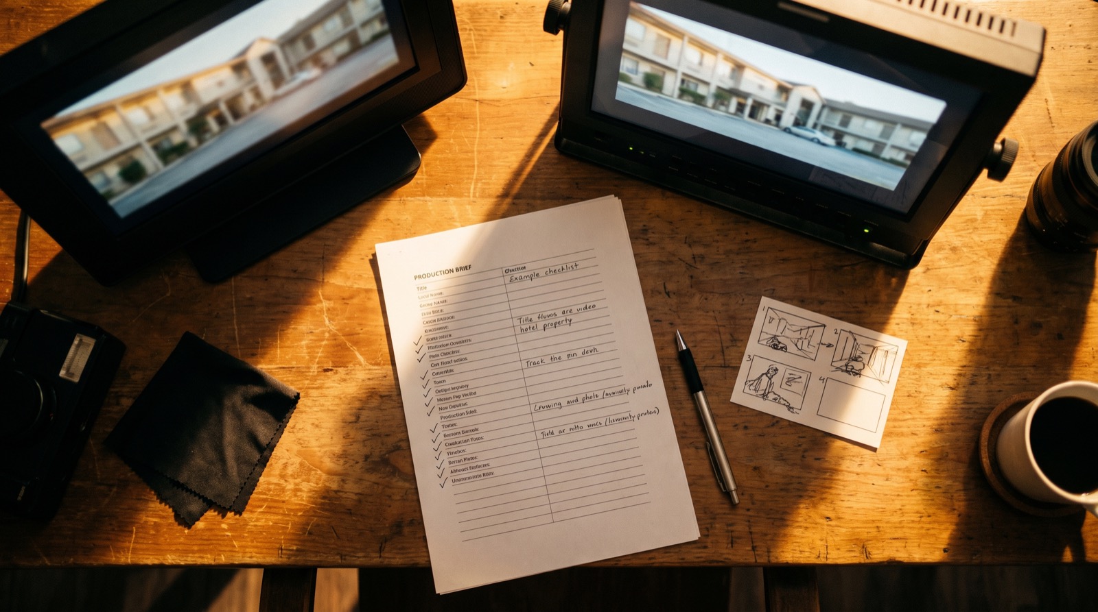 Overhead flat-lay of a video production brief template with a director's monitor showing hotel footage