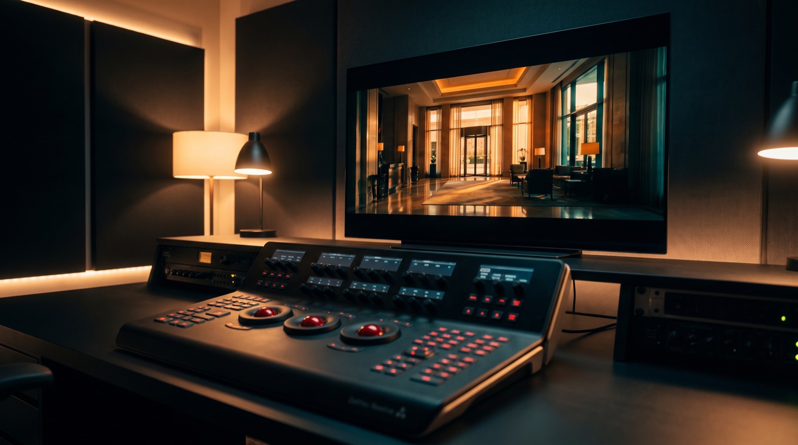 Color grading hotel video in DaVinci Resolve: reference monitor and grading panel in a dark suite