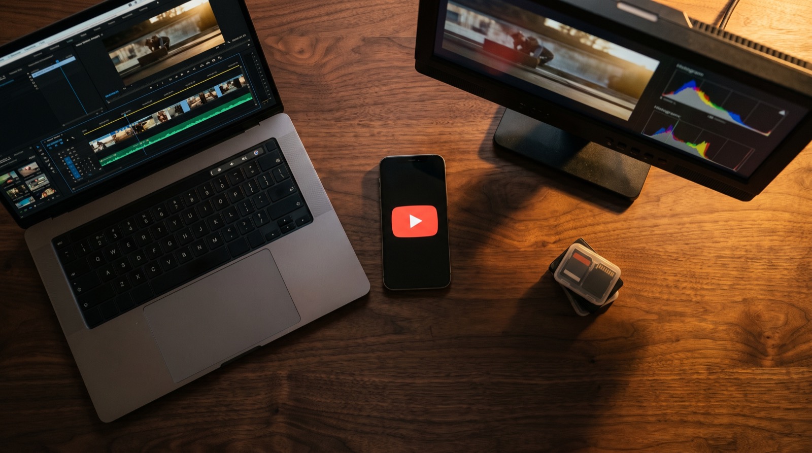 Cinematic flat-lay representing hotel YouTube channel strategy and video content planning