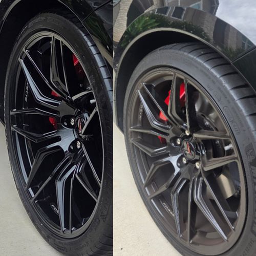 Two close-up views of a glossy black car wheel with a red brake caliper and detailed spoke design.