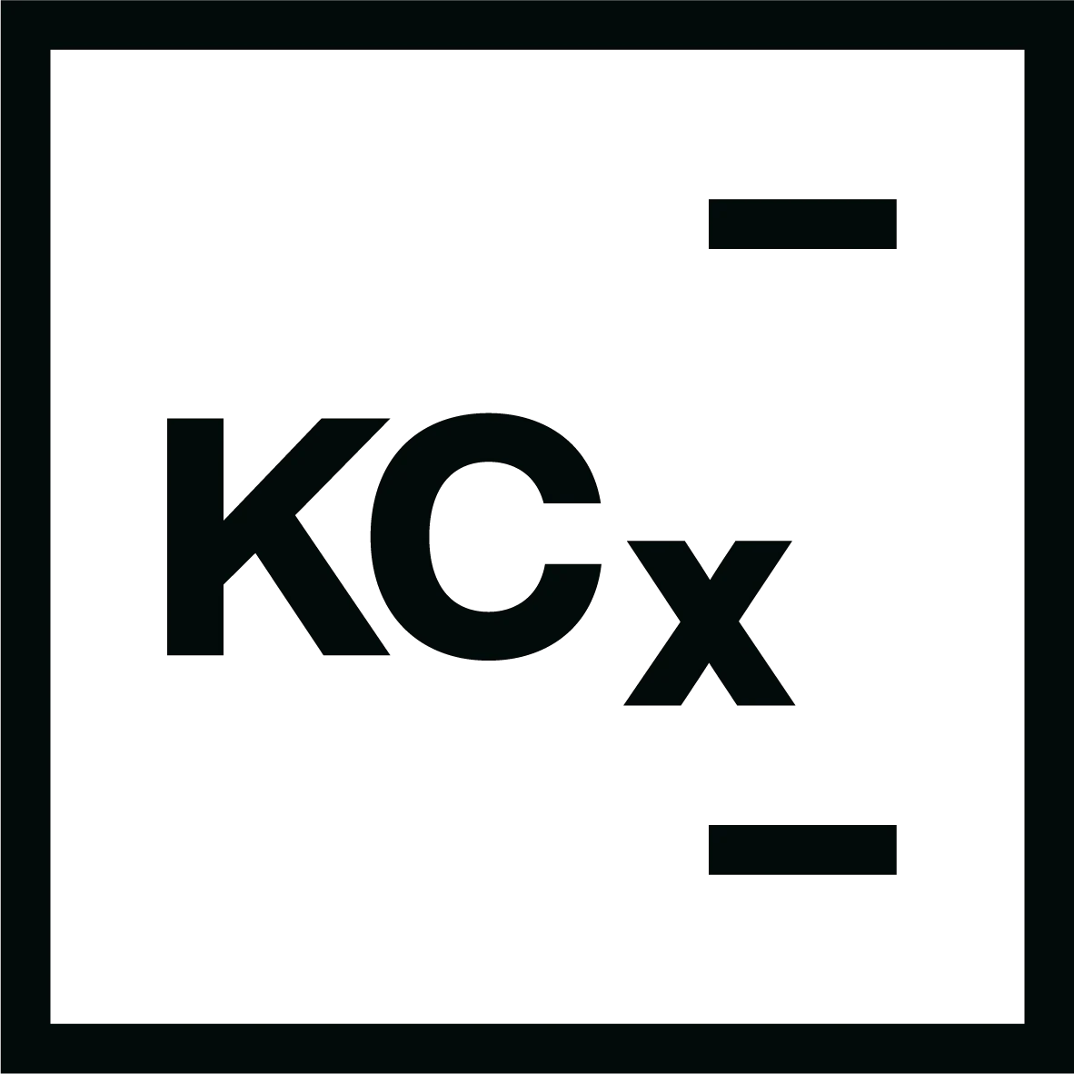 Bold black letters 'KCx' inside a square border with two horizontal black rectangles on top right and bottom right corners.