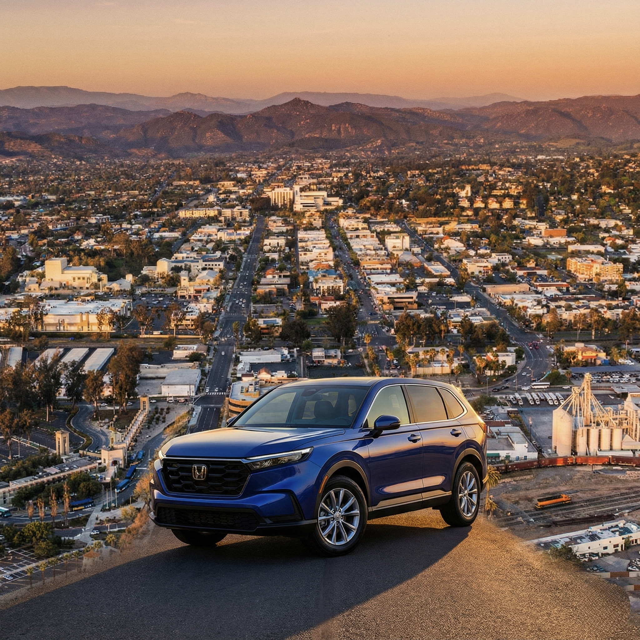 Blue Honda SUV parked on a hilltop overlooking a cityscape at sunset with mountains in the background.