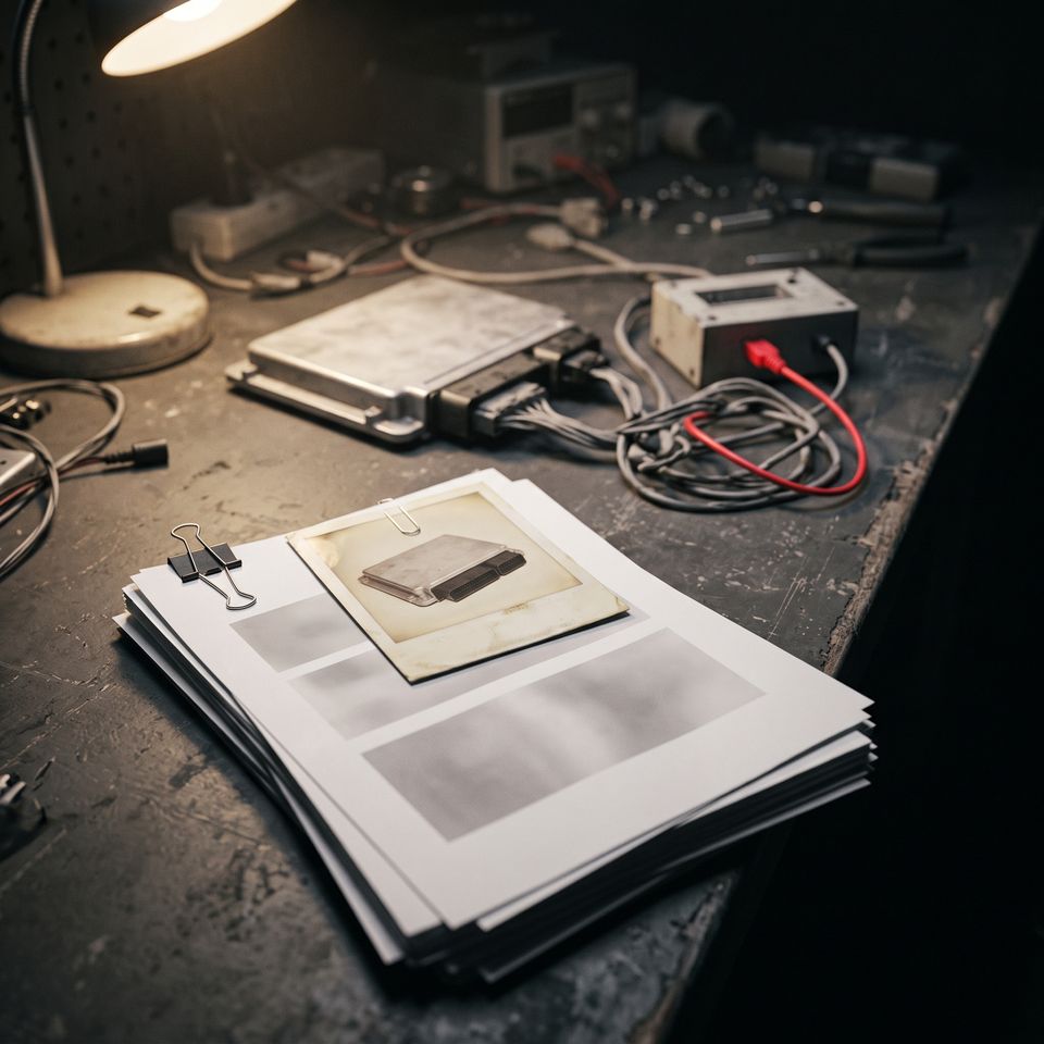 A lab bench with an ECU wired to test equipment beside an old pen test report