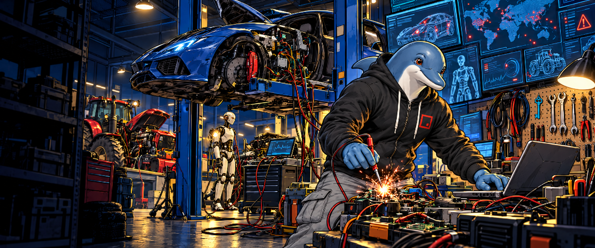 Beacon, a dolphin in a black hoodie, probes a sparking circuit board in a security lab, with a sports car on a lift, a farm tractor and a humanoid robot wired up for testing behind him