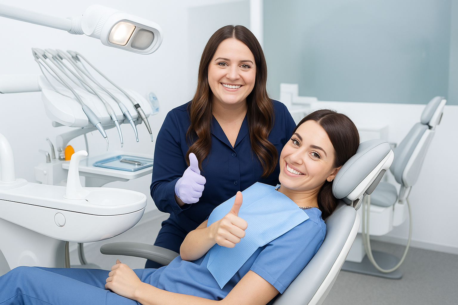 Female dentist in blue scrubs and gloves holding up a dental mirror to demonstrate treatment steps to a smiling female patient reclining in the dental chair