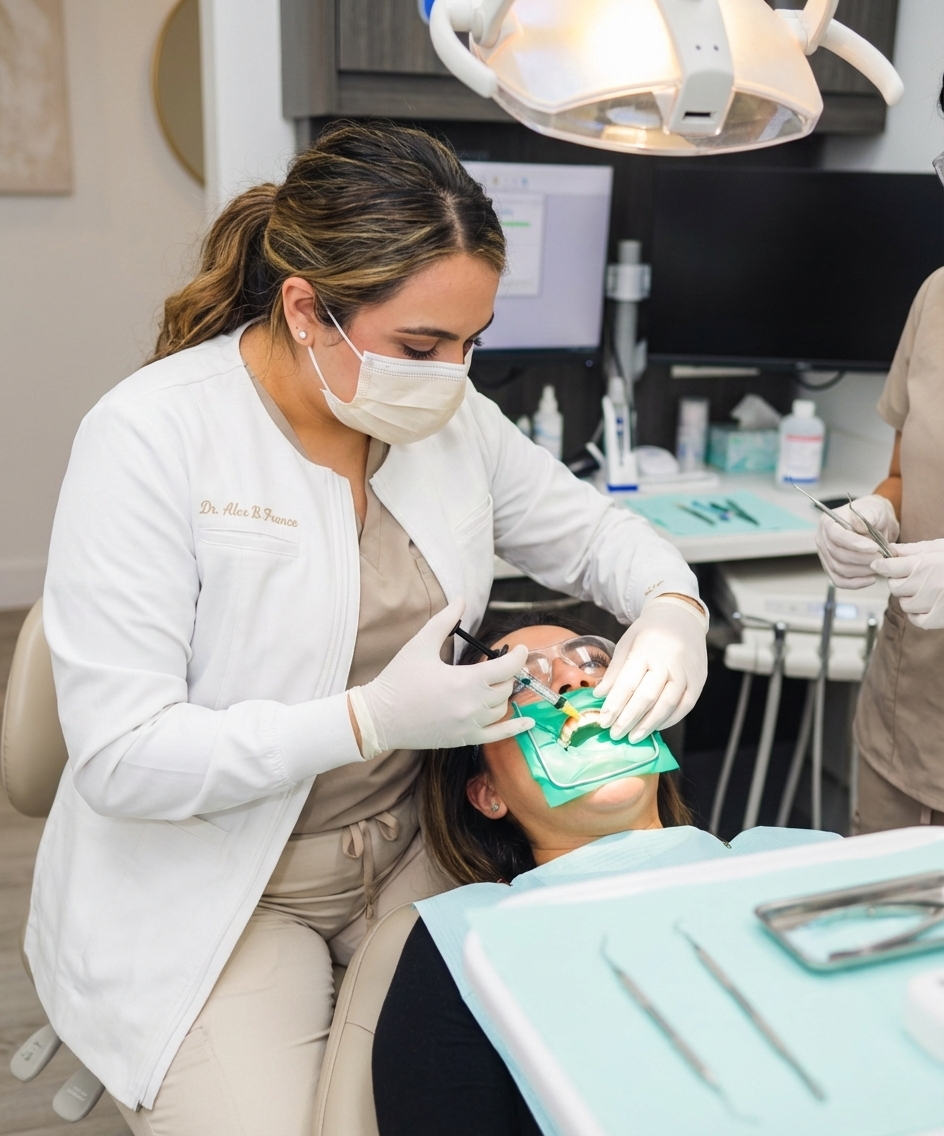 A dentist wearing gloves and a mask performs a cosmetic dental procedure on a patient in a dental chair using specialized tools.
