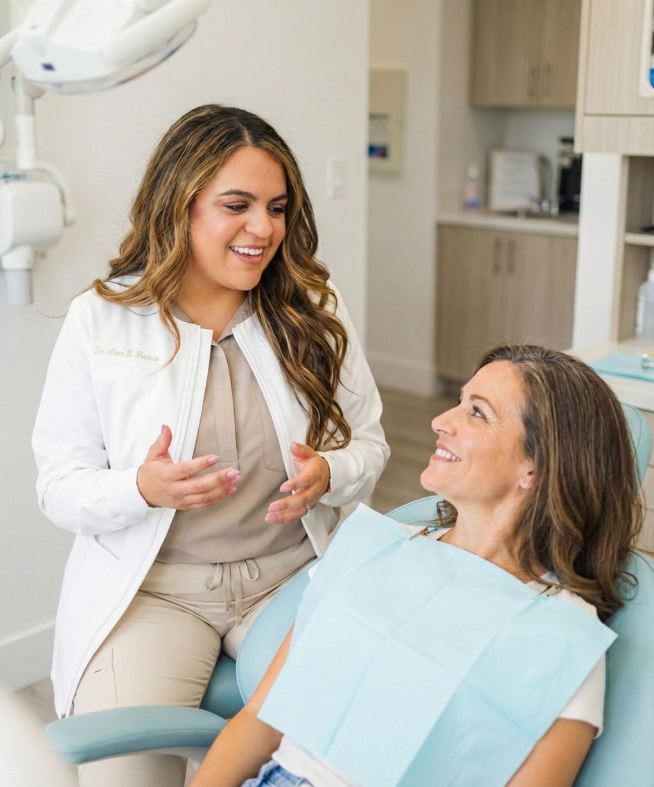 A dentist talks with a patient seated in a dental chair, discussing treatment options before a cosmetic dental procedure.