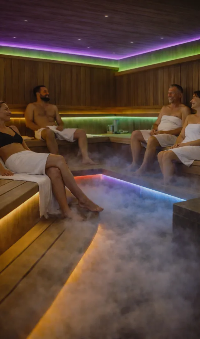 Four people relaxing on wooden benches in a steam-filled sauna with colorful LED strip lighting.