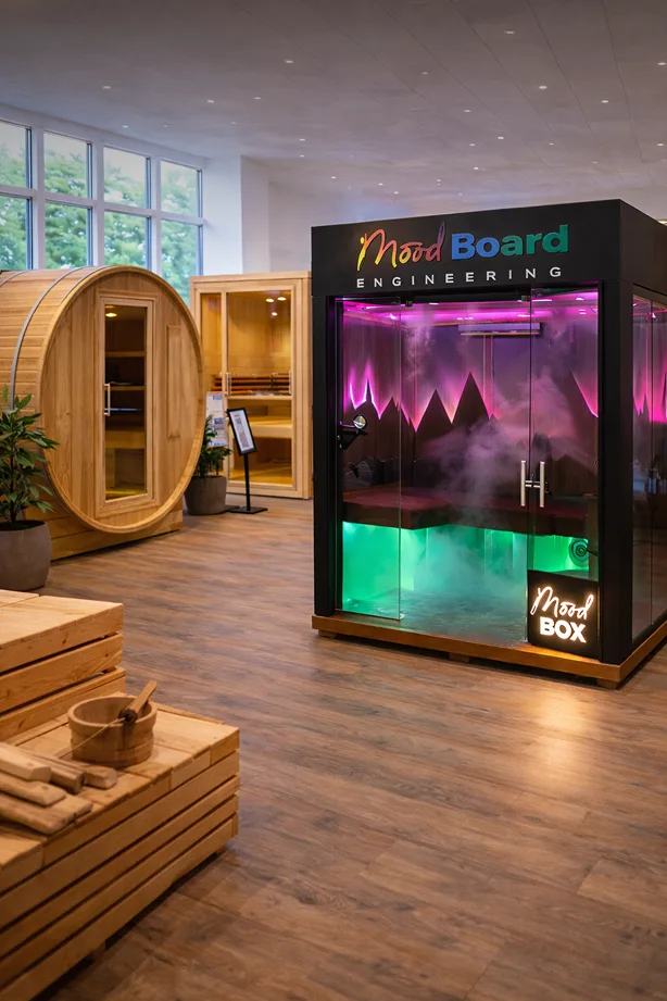 Modern wellness room with a wooden sauna barrel and a colorful illuminated Mood Board Engineering steam box emitting vapor.