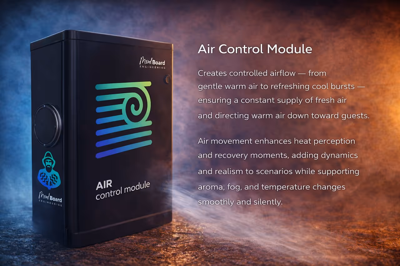 Black Air Control Module device with colorful airflow logo and descriptive text about controlled airflow and enhanced heat perception.
