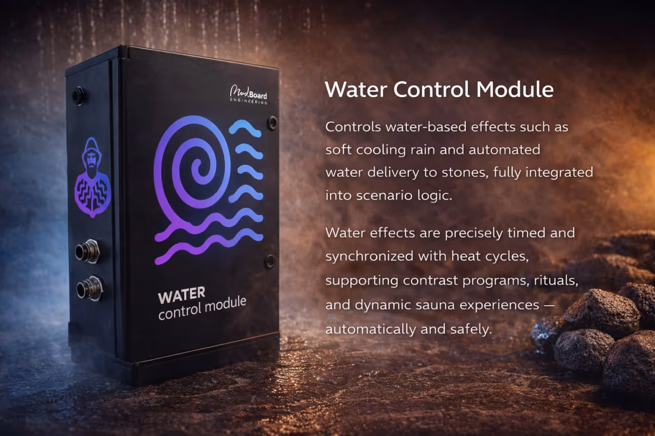 Black water control module device with spiral and wave graphic, alongside text describing its functions for automated water effects in sauna experiences.