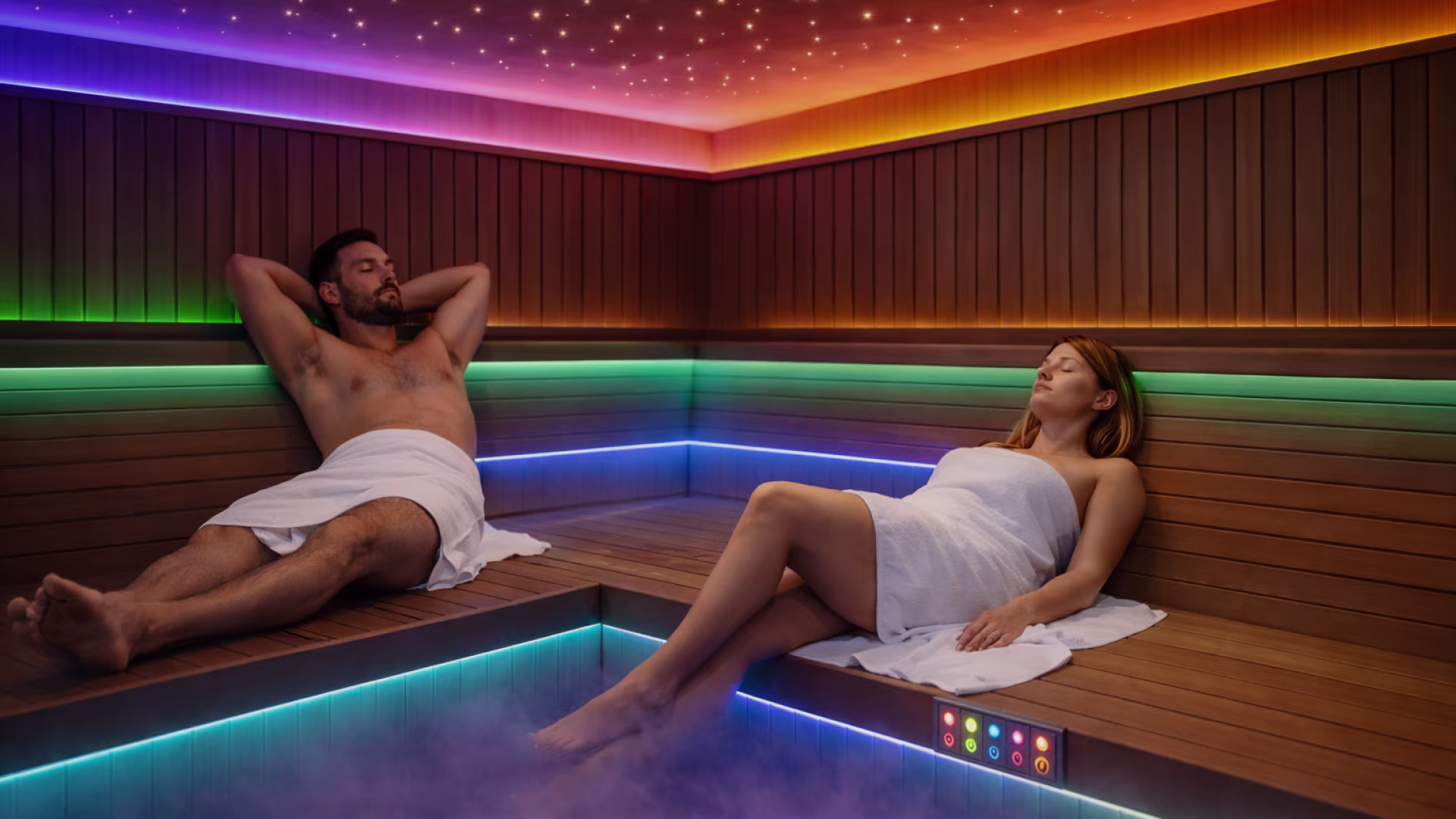Man and woman relaxing inside a wooden sauna with colorful LED lights and steam.
