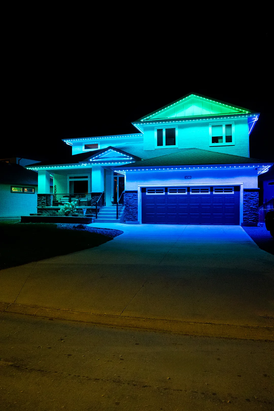 Modern home with blue lights