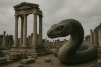Mythical Greek dragon Drakos in a rocky mountain setting, showcasing its serpentine body, wings, and fearsome presence from ancient folklore.