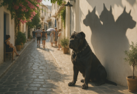 Cerberus, the three-headed guard dog of the Greek underworld, is sitting by the wall. Only his shadow gives away his true nature. Iinspired by ancient mythology.
