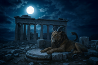 Chimera from Greek mythology resting in ancient temple ruins under moonlight, featuring lion, goat, and snake traits.