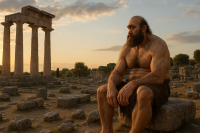 Cyclops from Greek mythology sitting among ancient ruins at sunset, depicted as a muscular one-eyed giant in a rugged landscape.