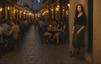 Empusa from Greek legend, appearing human as she observes a crowded Greek street, her brass leg and cloven hoof revealing her true monstrous nature.